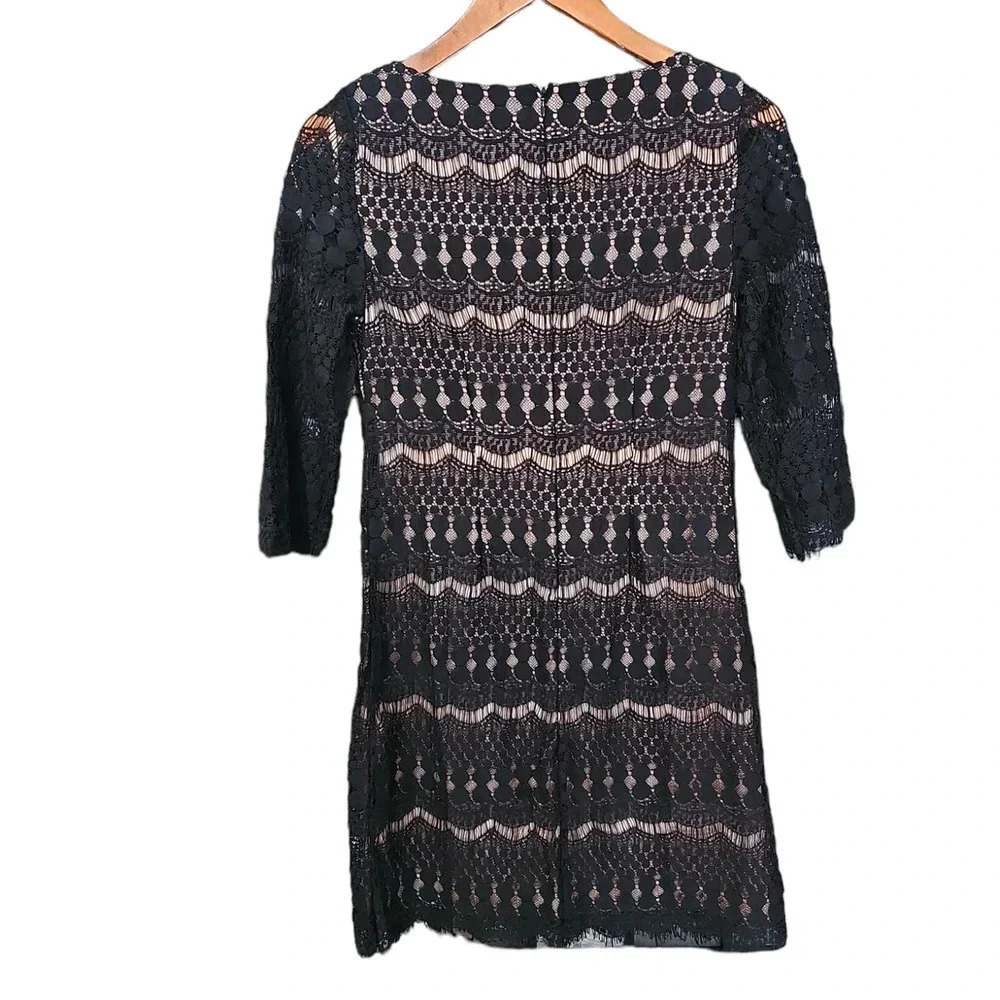 Eliza J Boat Neck Lace Shift Dress Black Beige Size 4 - Picture 4 of 7